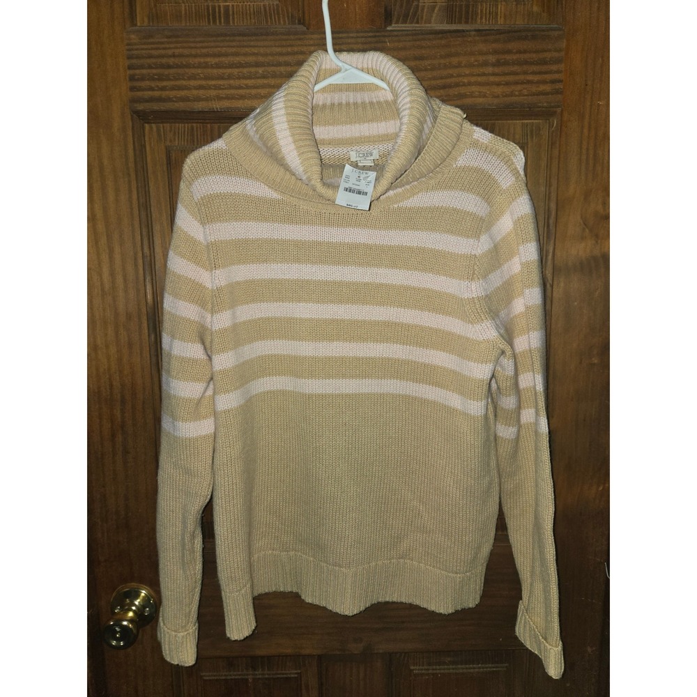 J.Crew Womens Cowl Neck Striped Wool Blend Sweater Tan Pink F7827 Size L NWT